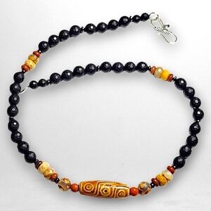 Hand Crafted Black Tan and Red Beaded Necklace